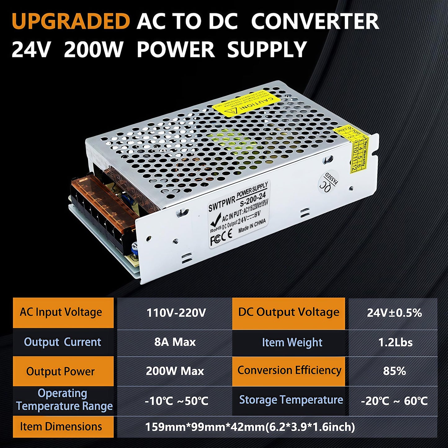 SWTPWR 24V Power Supply AC 110V to DC 24V Converter AC to DC Converter SMPS 24V 8A 200W AC/DC Power Adapter 24v Transformer Designed for LED Car…