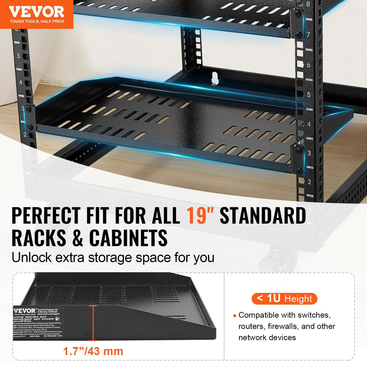 VEVOR 2PCS 1U Server Rack Shelf, Universal Vented Rack Mount Cantilever Tray for 19 inch Network Equipment Rack & Cabinet, 10" Deep Rack Mount Shelf