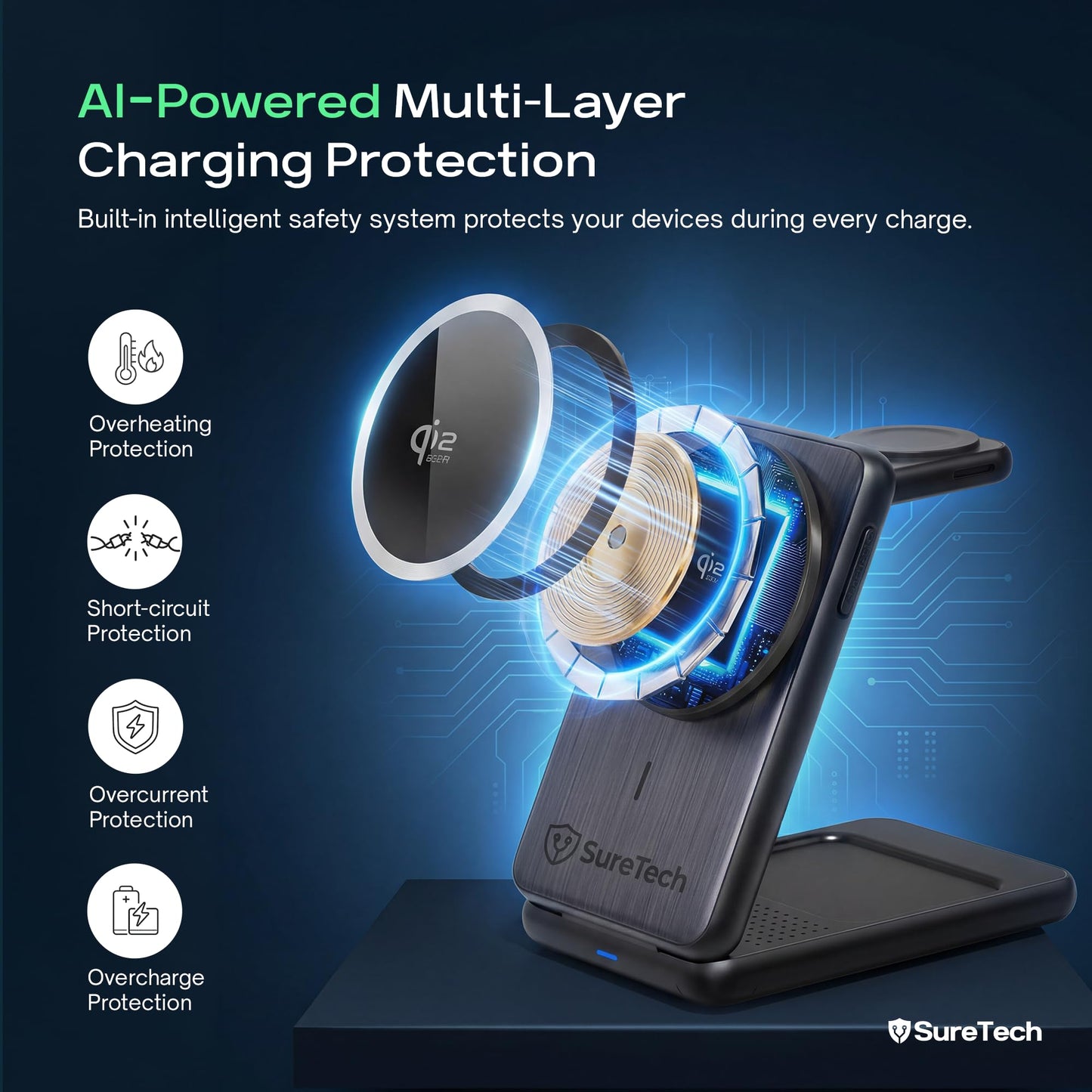 SureTech Qi2.2 Certified 3-in-1 Foldable Wireless Charging Station for Apple Devices with 65W Adapter, 25W Fast Charging Dock, Portable Magnetic