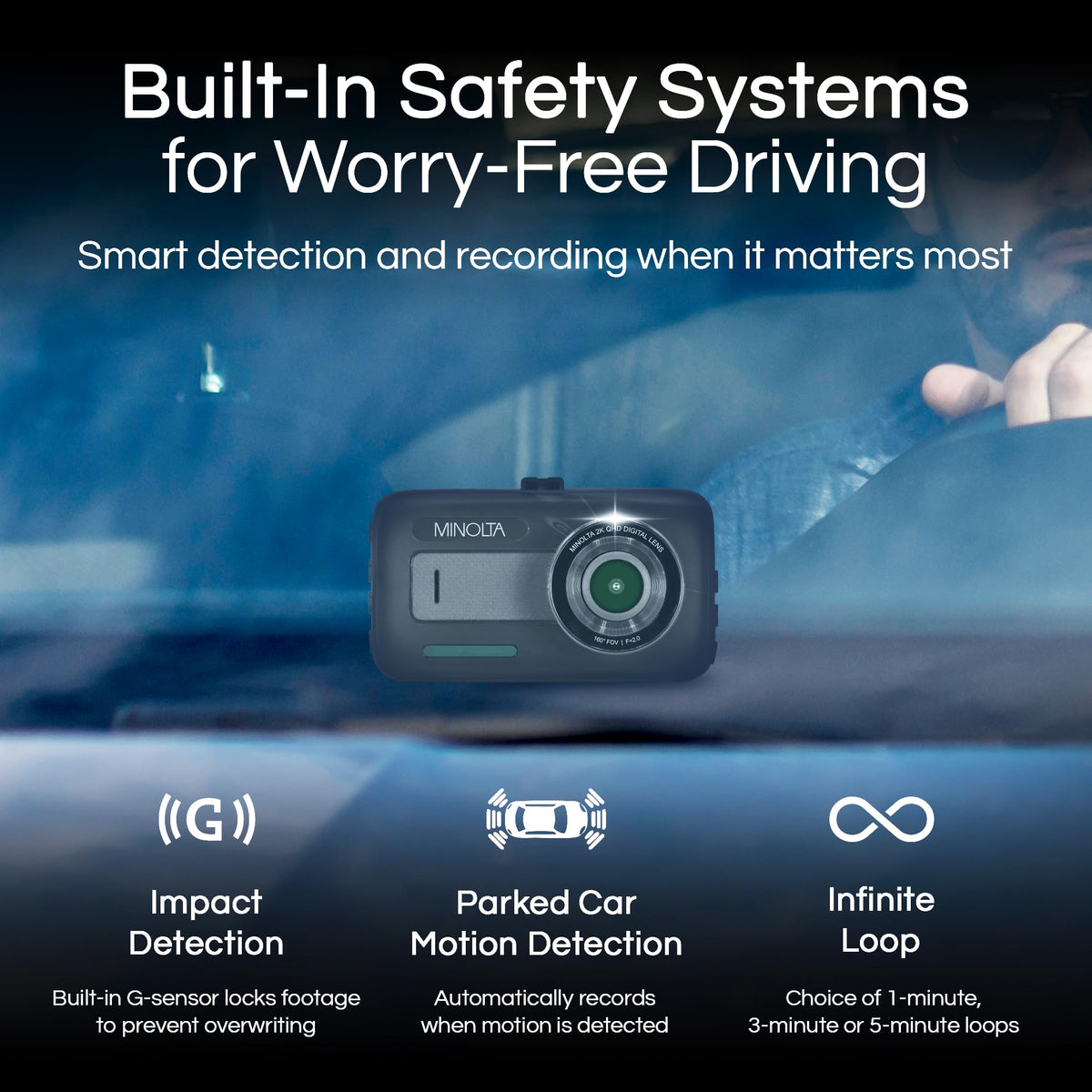 Minolta MNCD2K10 2.5K Quad HD Dash Cam, 160° Lens, 3.0 in LCD (Black)