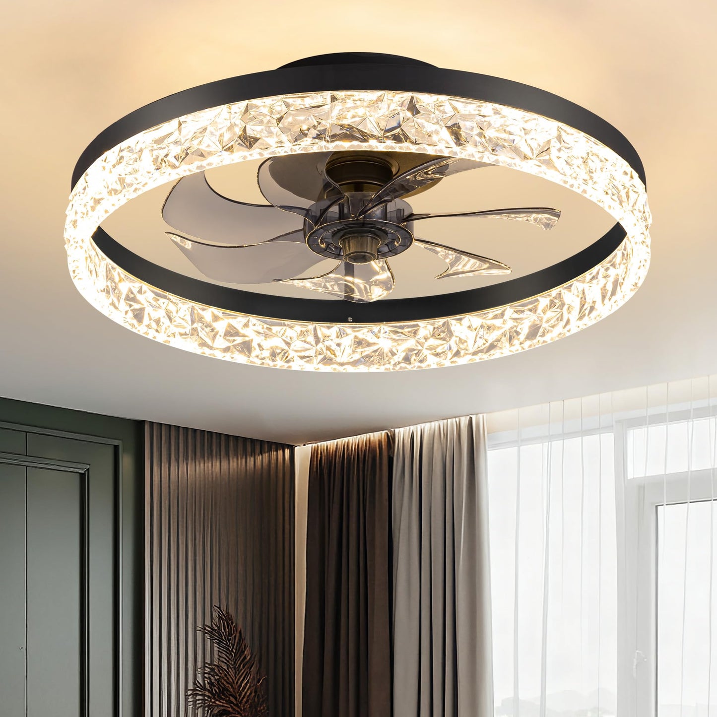KDG 15.8" Black Low Profile Ceiling Fans with Light, Bedroom Fan Lighting