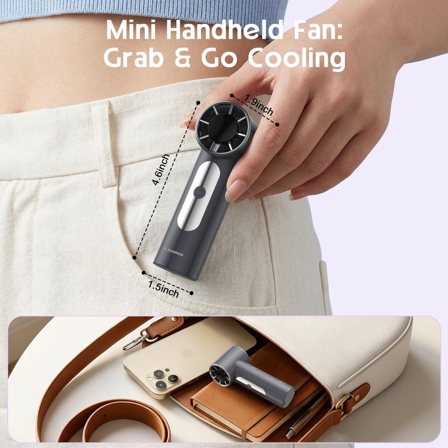 K-RUNMAN Mini Handheld Fan, 4 Gear Wind, Battery Operated, Up to 18 Working Hours,LED Display, Pocket Design for Outdoor