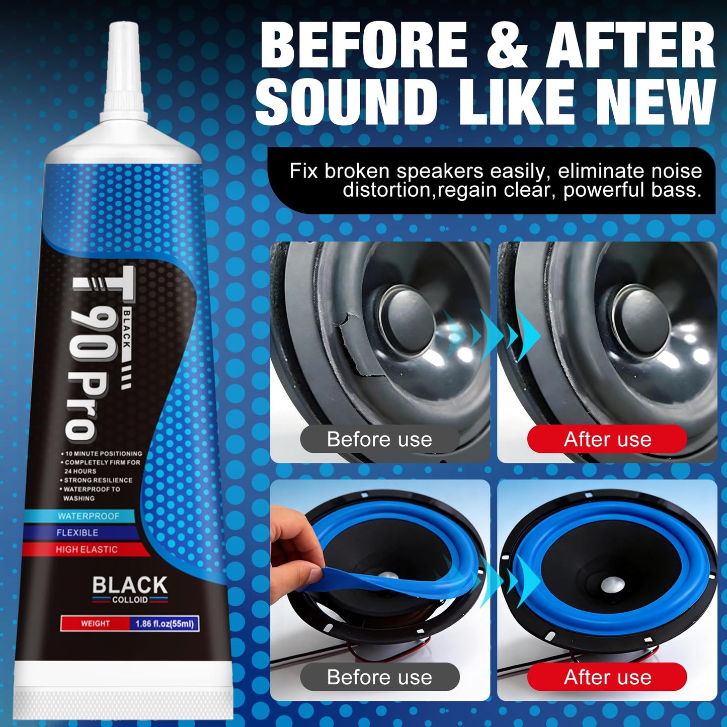 1.86 Oz Speaker Glue, Speaker Repair Glue, Strong Speaker Glues with Blue Clips, Waterproof and Shockproof, Used for Assembling and Repairing Speaker