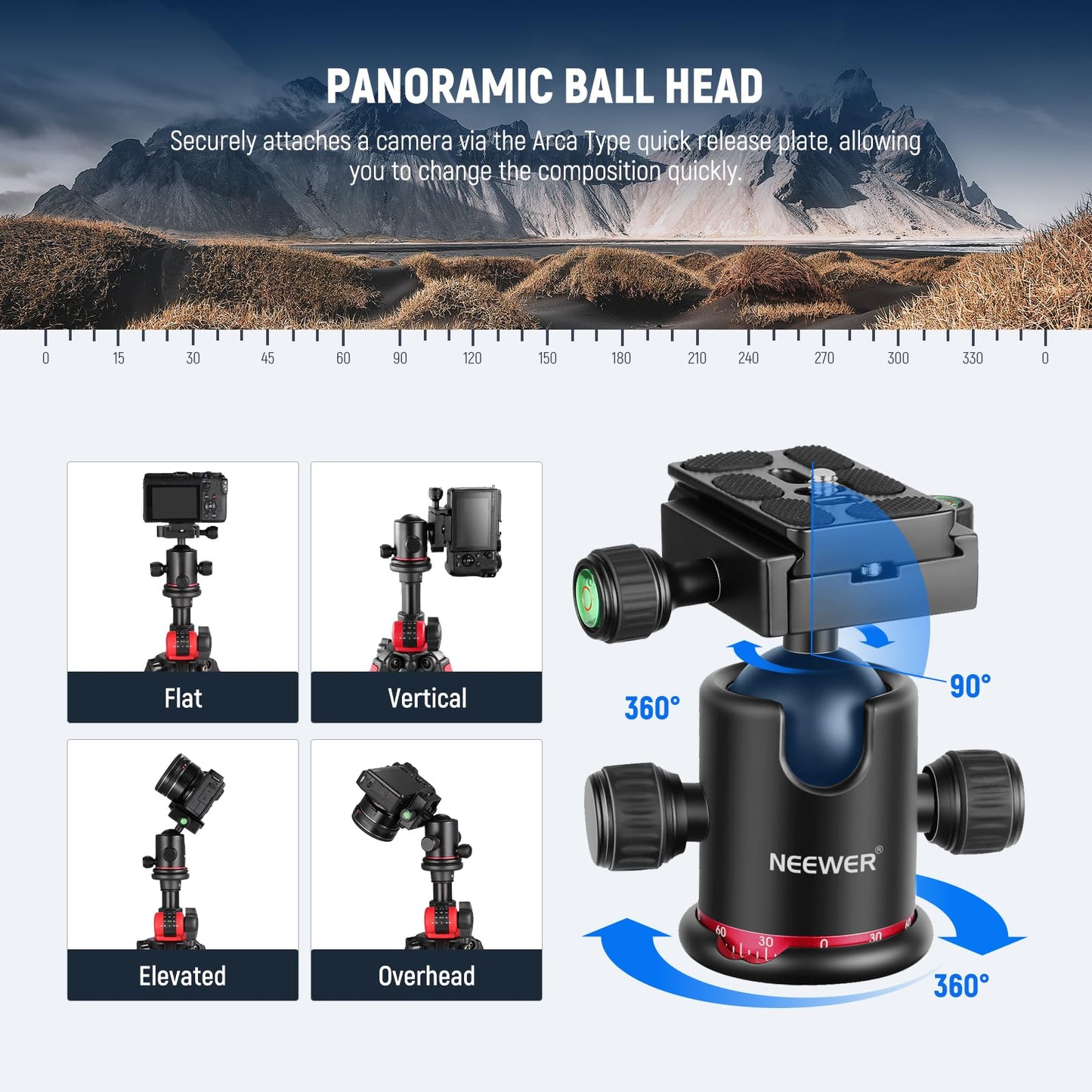 NEEWER 79 inch Camera Tripod Monopod with Center Column and Ball Head Aluminum, Arca Type QR Plate, Bag, Horizontal Tripod Overhead Camera Mount