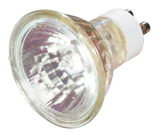 Satco S3516 35 Watt MR16 Halogen GU10 Base 120 Volt FL 36 Beam Pattern No Harmful Ultraviolet Rays Light Bulb, With Lens, clear