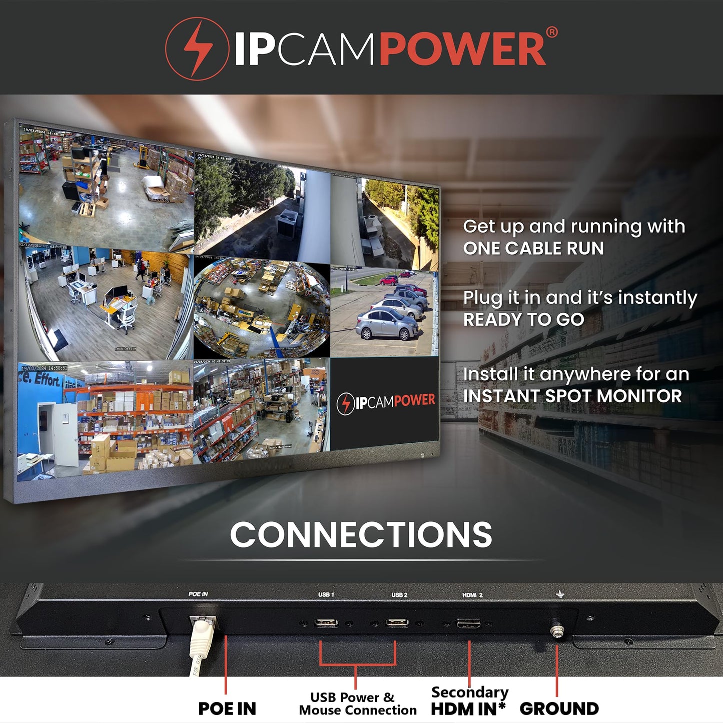 IPCamPower 21.5" POE-Powered CCTV Spot Monitor with Integrated 8 Channel IP Camera Decoder, Compatible w/Most IP Camera Manufacturers, Built-in