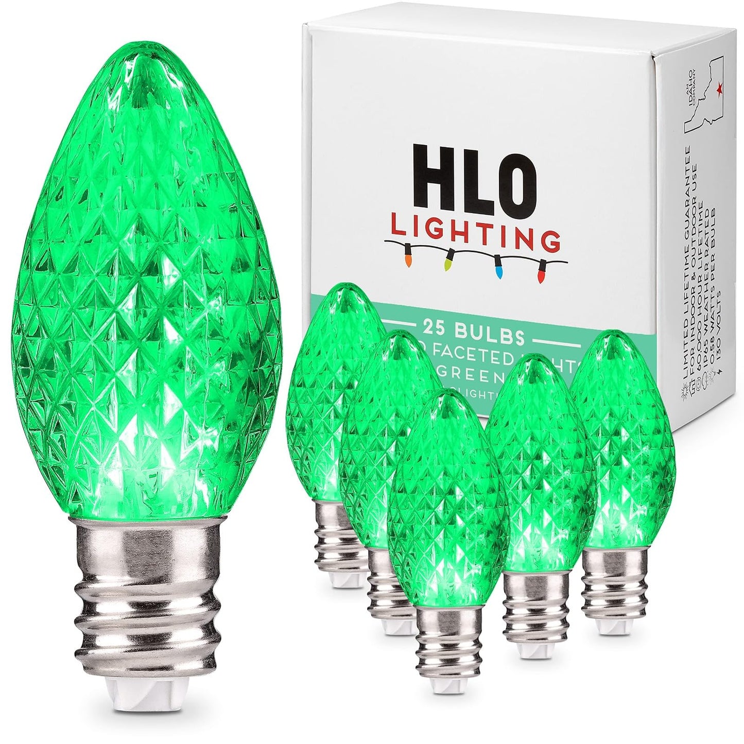 Holiday Lighting Outlet Faceted C7 Christmas Lights | Green LED Light Bulbs Holiday Decoration | Warm Christmas Decor for Indoor & Outdoor Use | 2 SMD