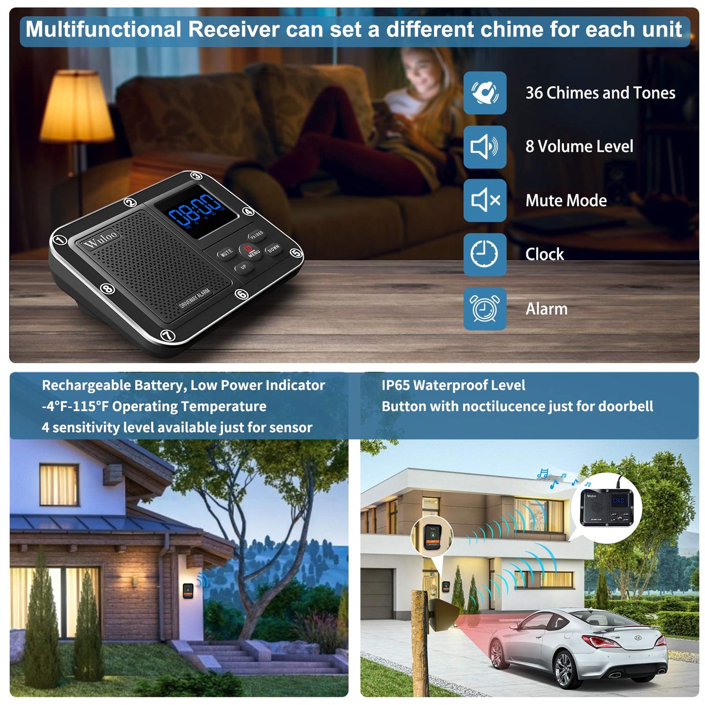 Wuloo Wireless Doorbells for Home, Solar Driveway Alarm, Multifunctional Wireless Home Security System, Rechargeable Battery/Weatherproof/Mute