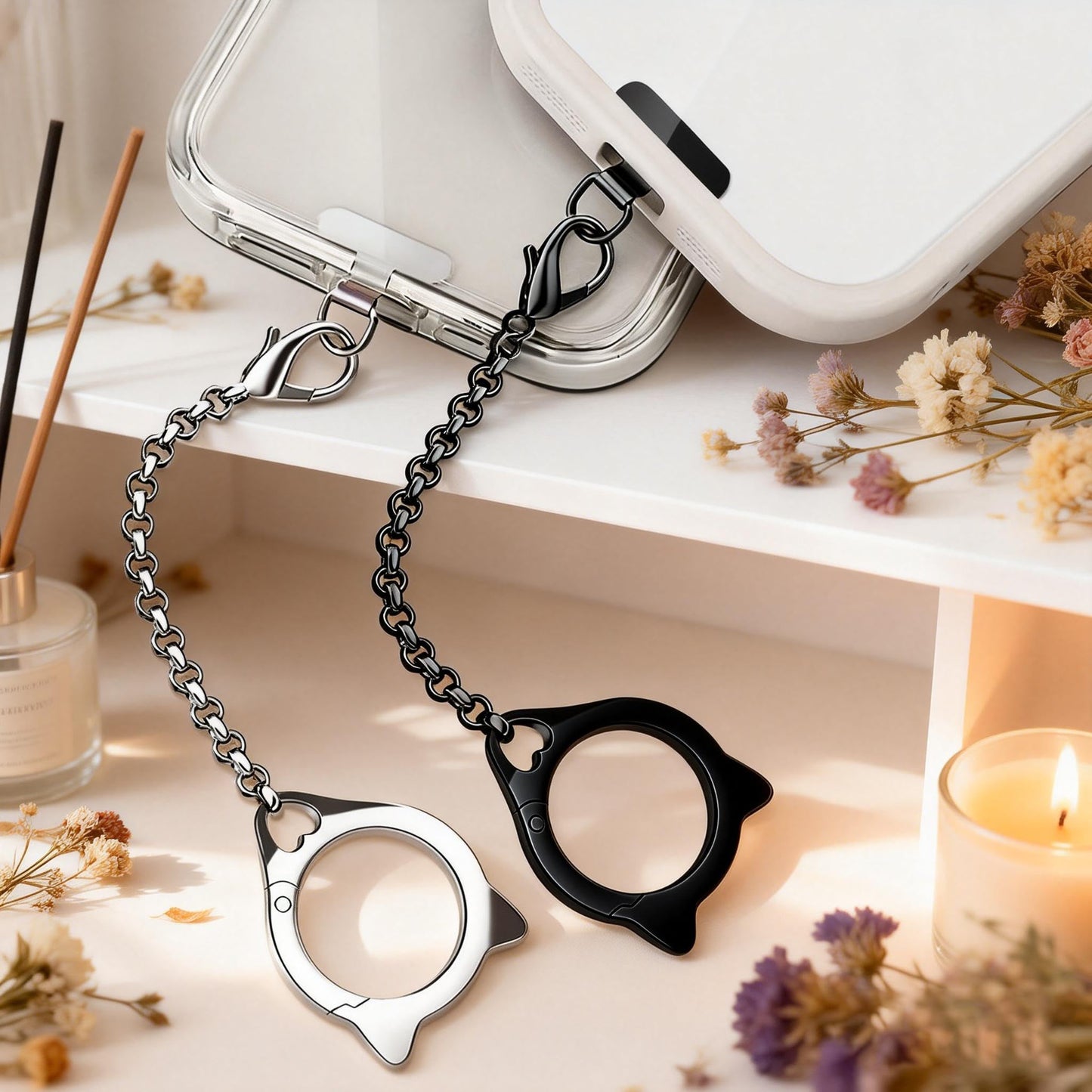 Metal Cat Head Phone Finger Grip Ring Chain Lanyard Keychain Holder Heavy Duty 5KG Capacity Anti-Loss Strap Anti Theft for All Phones Keys Earbuds USB