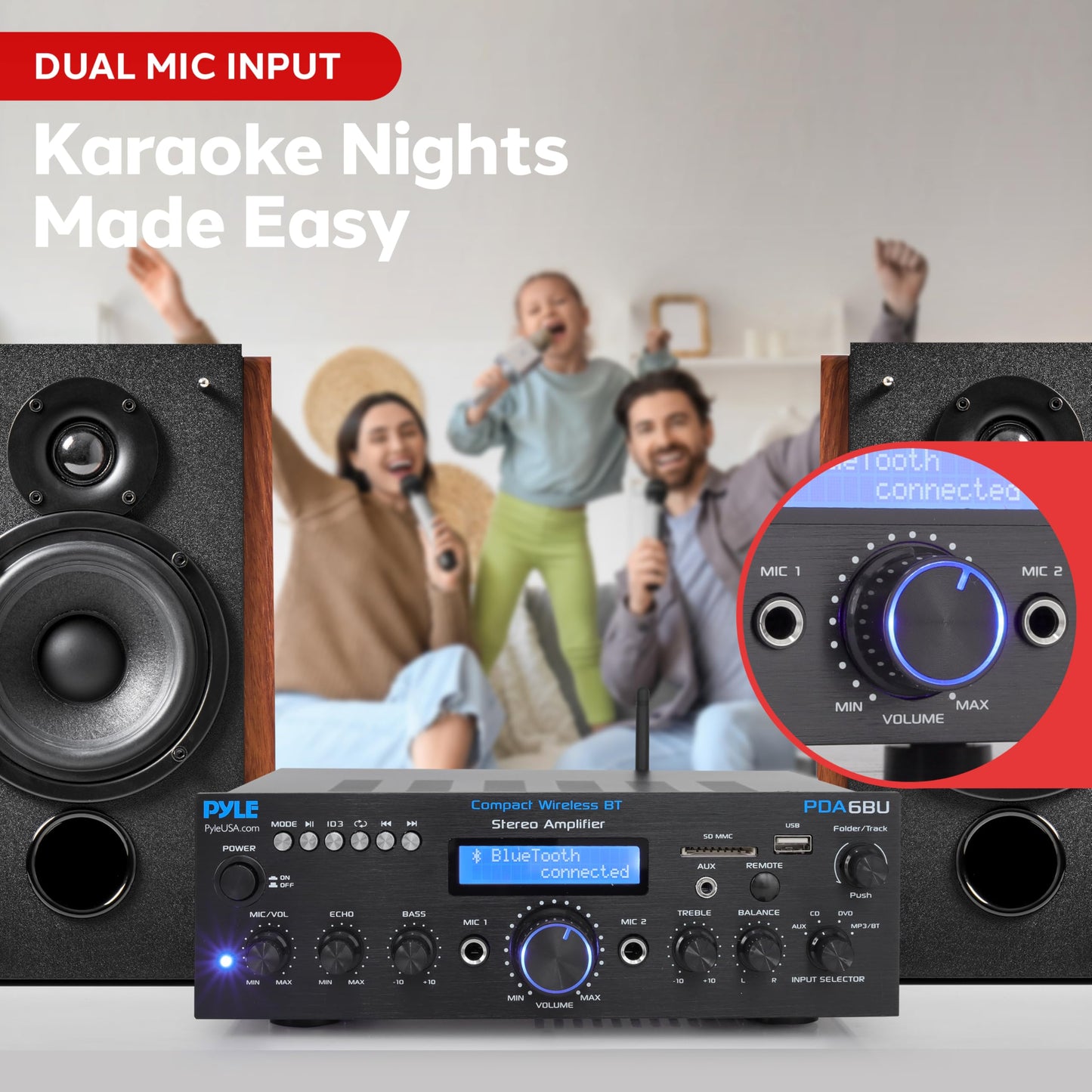 Pyle Wireless Bluetooth Power Amplifier System- 200W Dual Channel Sound Audio Stereo Receiver w/USB, SD, AUX, MIC w/Echo, Radio, LCD - Home Theater