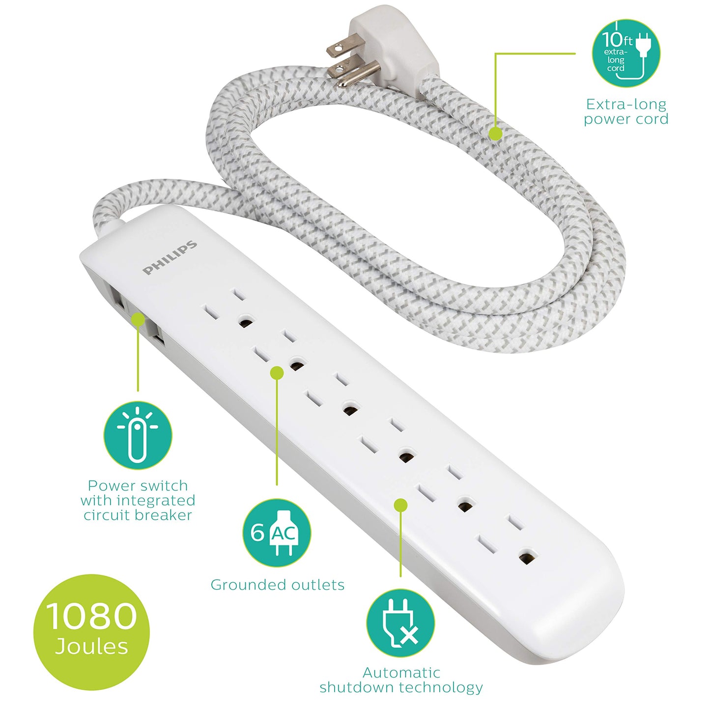 Philips 6-Outlet Surge Protector Power Strip, Designer Braided Power Cord, 10 Ft Power Cord, Flat Plug Extension Cord, Perfect for Office or Home
