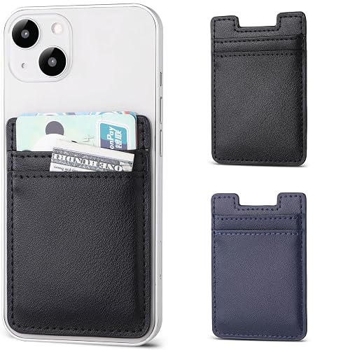Phone Wallet Stick on,2Pack Card Holder for Back of Phone Case, Leather Credit Card Holder for Cell Phone Sticky Wallet RFID Double Pocket Sticker