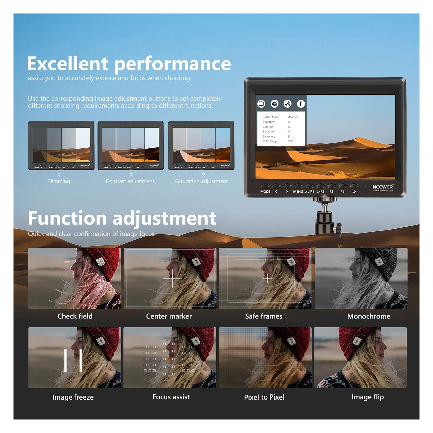 Neewer F100 7inch Camera Field Monitor HD Video Assist IPS 1280x800 HDMI Input 1080p with Sunshade and Ball Head for DSLR Cameras, Handheld