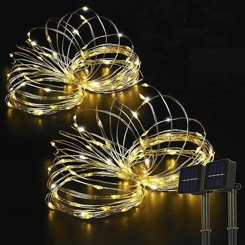 BEEWIN 2 Pack 33ft 100 LED Solar Copper String Lights,8 Modes Christmas Fairy Lights Waterproof IP65 Twinkle Lighting Indoor Outdoor Fairy Firefly