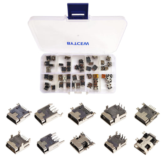 Bytcew 10 Types Mini USB Sockets Jack Female Plug Connector Solder Dip SMD SMT USB Repair Replacement Adapter Assortment Set (50psc)