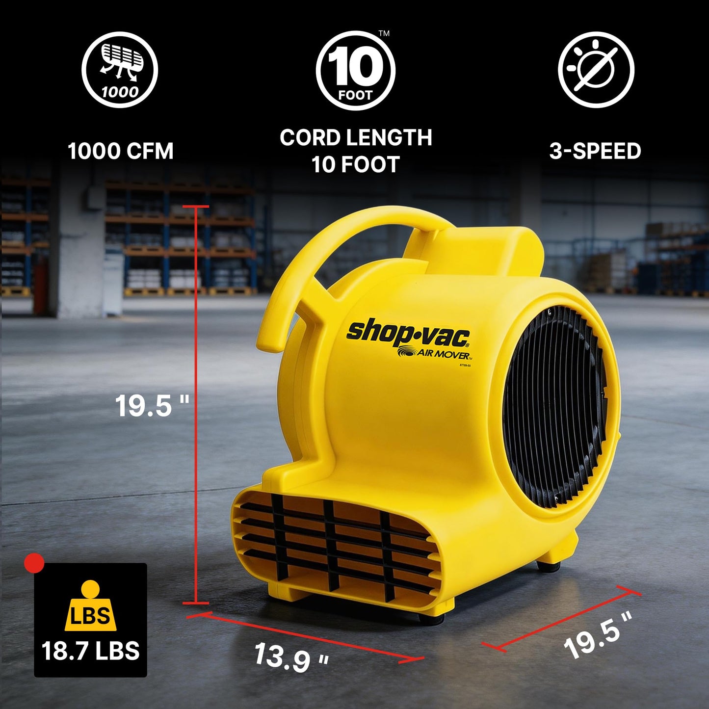 Shop-Vac 1000 CFM Air Mover Blower Fan, Heavy Duty 3-Speed Floor Fan
