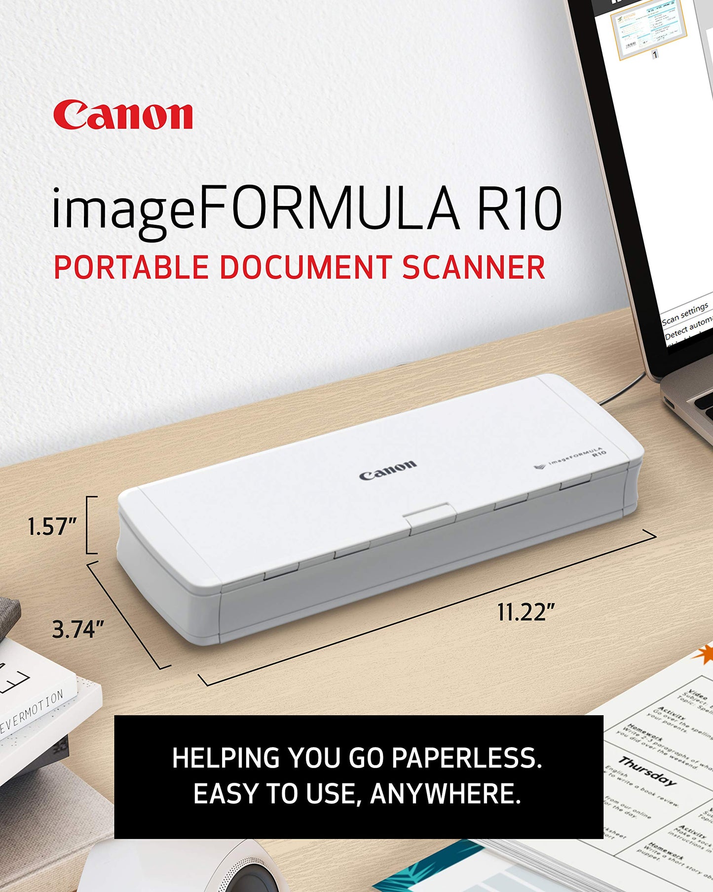 Canon imageFORMULA R10 - Portable Document Scanner, USB Powered, Duplex Scanning, Document Feeder, Easy Setup, Convenient, Perfect for Mobile Users