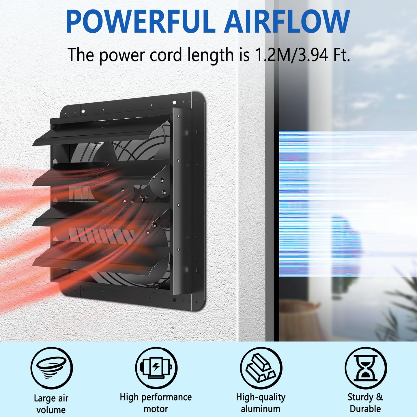 HYITO 16 Inch Shutter Exhaust Fan, Aluminum Wall Mounted Exhaust Fan with Power Cord,2060 CFM High Speed Automatic Louvered Vent Fan for Greenhouse