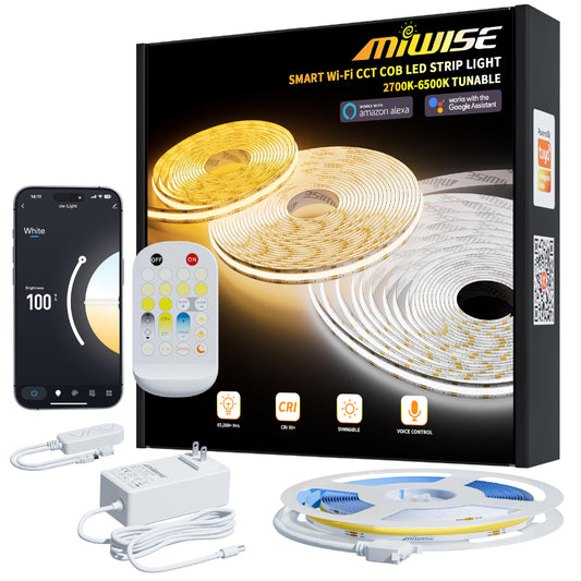 MIWISE COB LED Strip Light White LED Tape Lights 2700K-6500K 24V Color Changing Dimmable 32.8ft UL-Listed Super Bright with Remote & APP Control