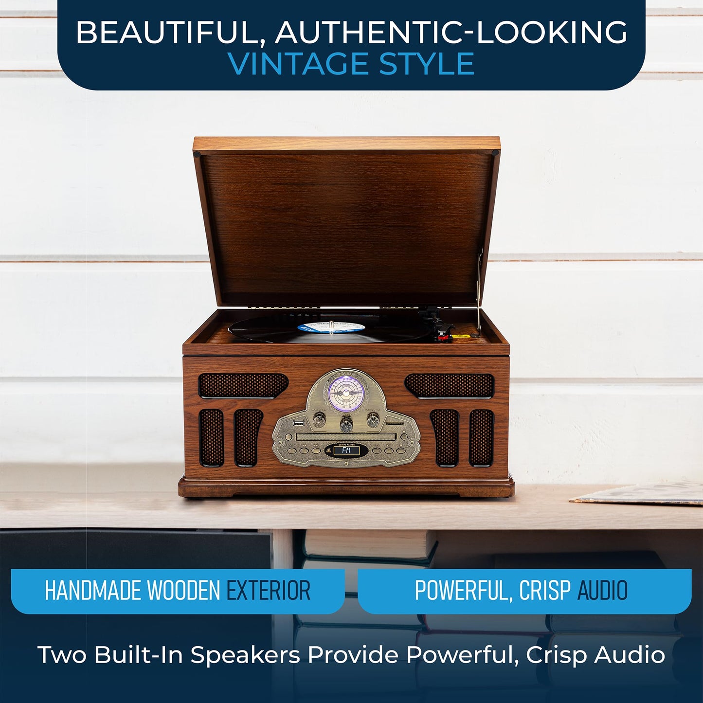 SoundBeast All-in-One Turntable with 3-Speed Record Player, Bluetooth, CD, Cassette Tape, AM/FM Radio, USB, Built-in Speakers, Handmade Wooden
