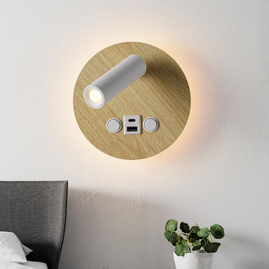 Modern Multi-Purpose Wall Sconces?5.9" Wood Grain Hardwired Wall Light Fixture with USB/Type-C Charging Port for Bedroom/Stdudy, Rotatable Spotlight