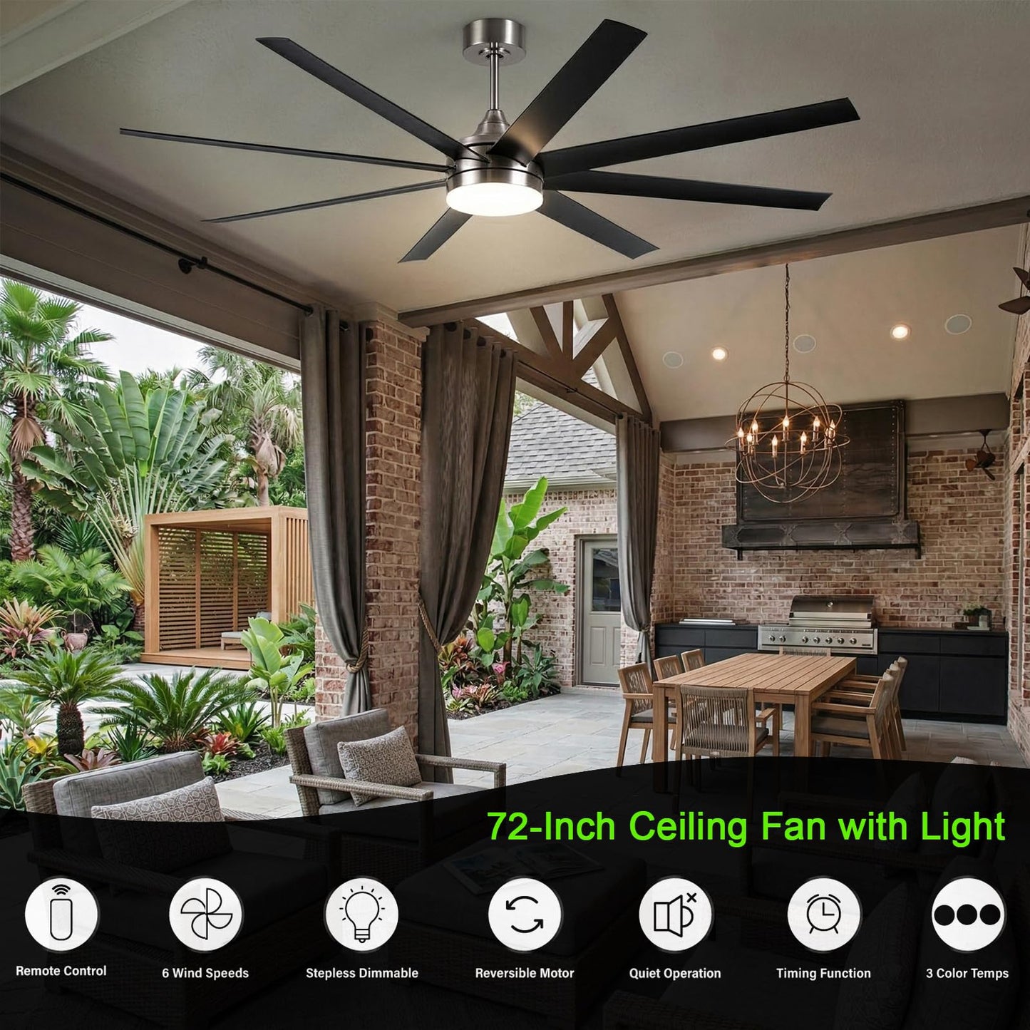 GLOVAO 72" Industrial Ceiling Fan with Light, 8 Blade, Brushed Nickel