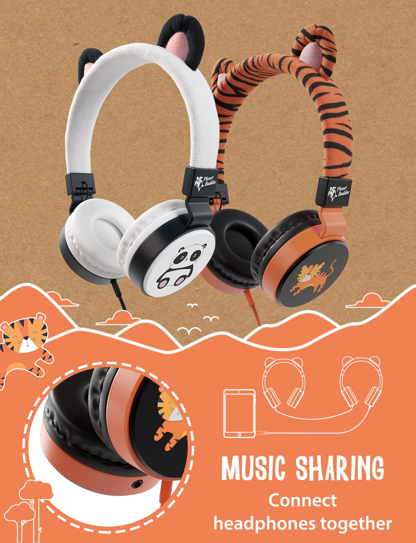Kids Headphones for School with Tiger Cat Ears, Safe Volume Limited, HD Mic Stereo Sound On-Ear Girls Boys Headphones for Kid, Foldable 3.5mm Wired…