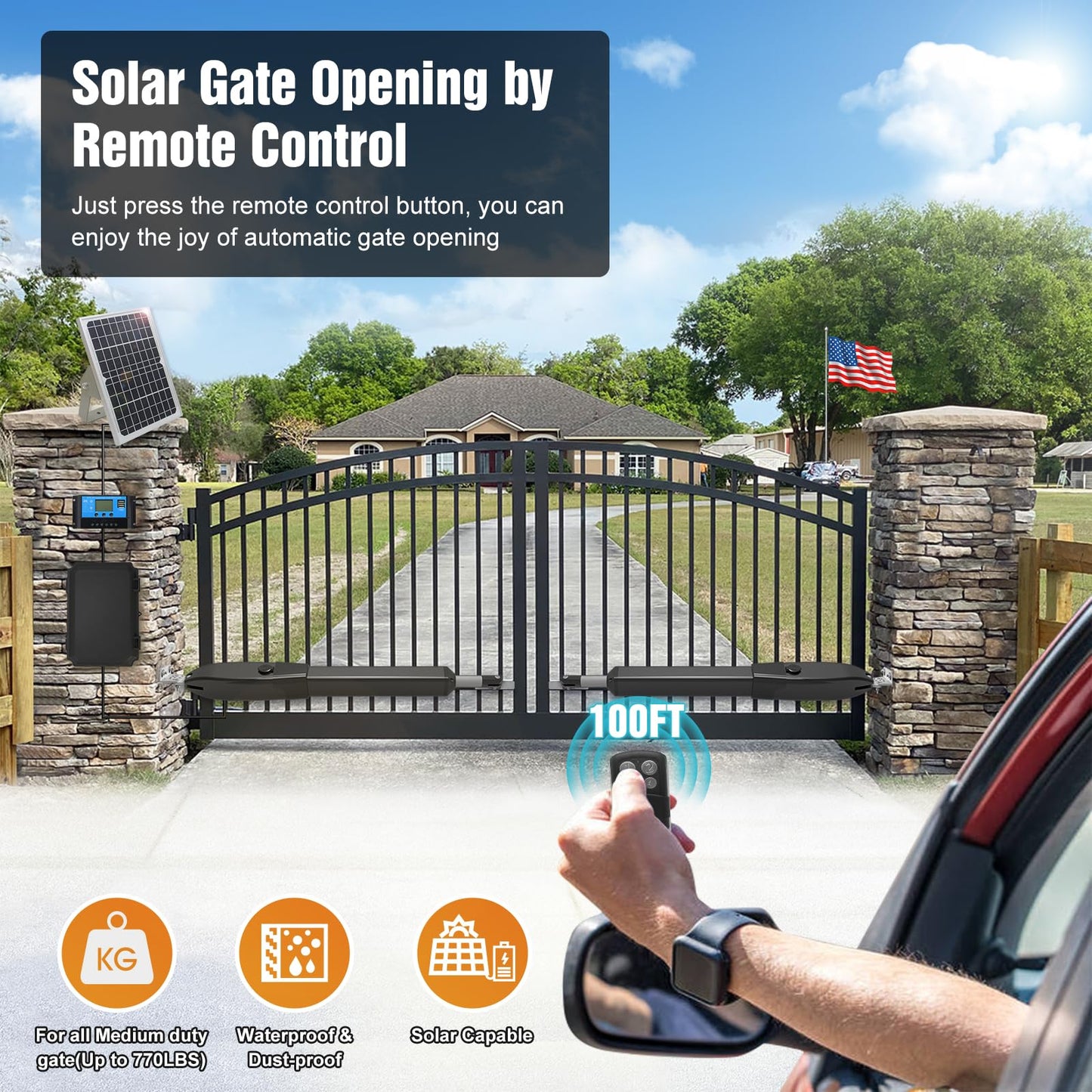JUJIANG C026 Solar Gate Opener with Batteries & Solar Panel for Dual Swing Gates Up to 1540lb Automatic Gate Opener with Remote Complete Kit Medium