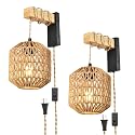 NOVCAND Boho Hanging Wall Light Plug in,Vintage Farmhouse Wall Sconces Set of Two with Rattan Shade for Bedroom Living Room-Black