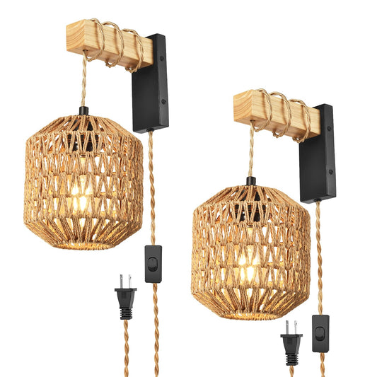 NOVCAND Boho Hanging Wall Light Plug in,Vintage Farmhouse Wall Sconces Set of Two with Rattan Shade for Bedroom Living Room-Black