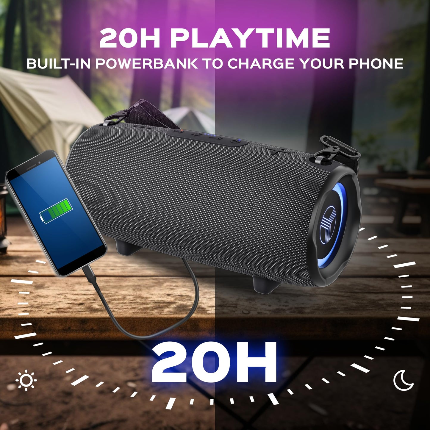 TREBLAB HD-Max - Large Bluetooth Speaker, Loud 60W Stereo Sound, Powerful Bass, 20H Battery, IPX7 Waterproof, Powerbank, USB-C, RGB Lights, Portable
