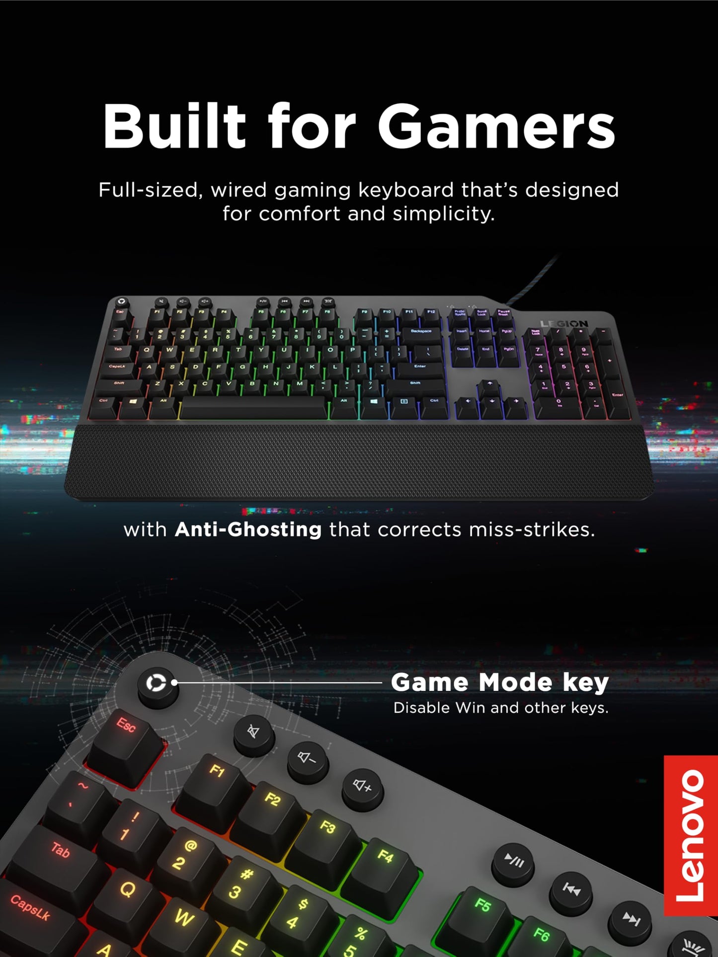 Lenovo GY40T26478 Legion K500 RGB Mechanical Gaming Keyboard, 3 ZONE Full-size Keyboard, 7 user Programmable Hot Keys; 16.8 Million Colors, 50
