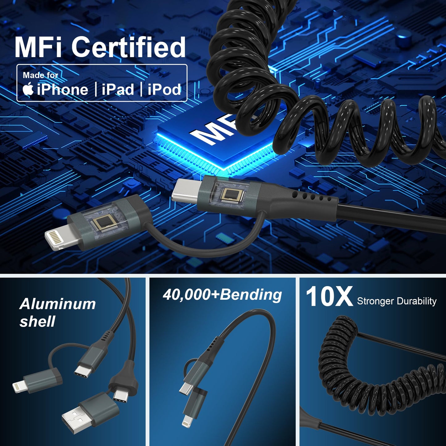 USB-C and Lightning Cable 4 in 1 Combo for Apple Carplay & Android Auto,[MFi Certified] Coiled iPhone Charger Cord- PD 60W Fast Charging & Data Sync…