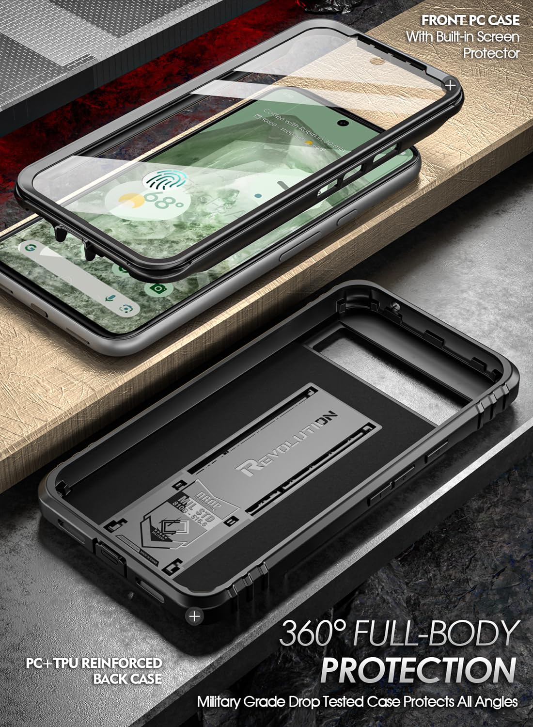 Poetic Revolution Case for Google Pixel 8A 5G, [20FT Mil-Grade Drop Tested],Full Body Rugged Shockproof Protective Case with Kickstand, Built-in
