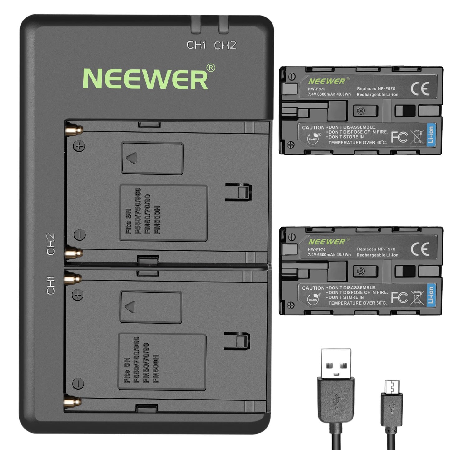 Neewer 2-Pack 6600mAh Li-ion Battery with USB Charger for Sony NP-F550 570 750 770 970 960 975,Sony Handycams,NW CN160 CN-216 LED Light,NW 759 74K 760