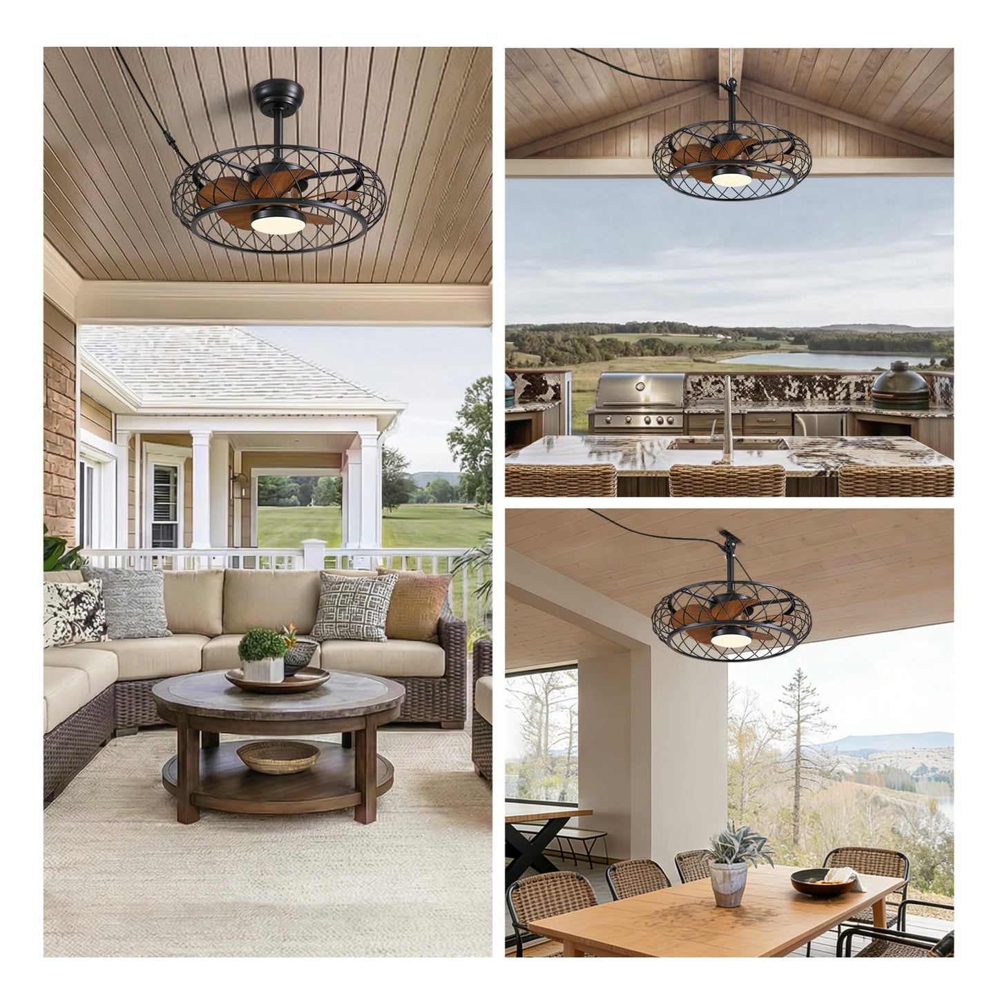CROSSIO 24" Plug-in Outdoor Ceiling Fan with Light, Caged Walnut