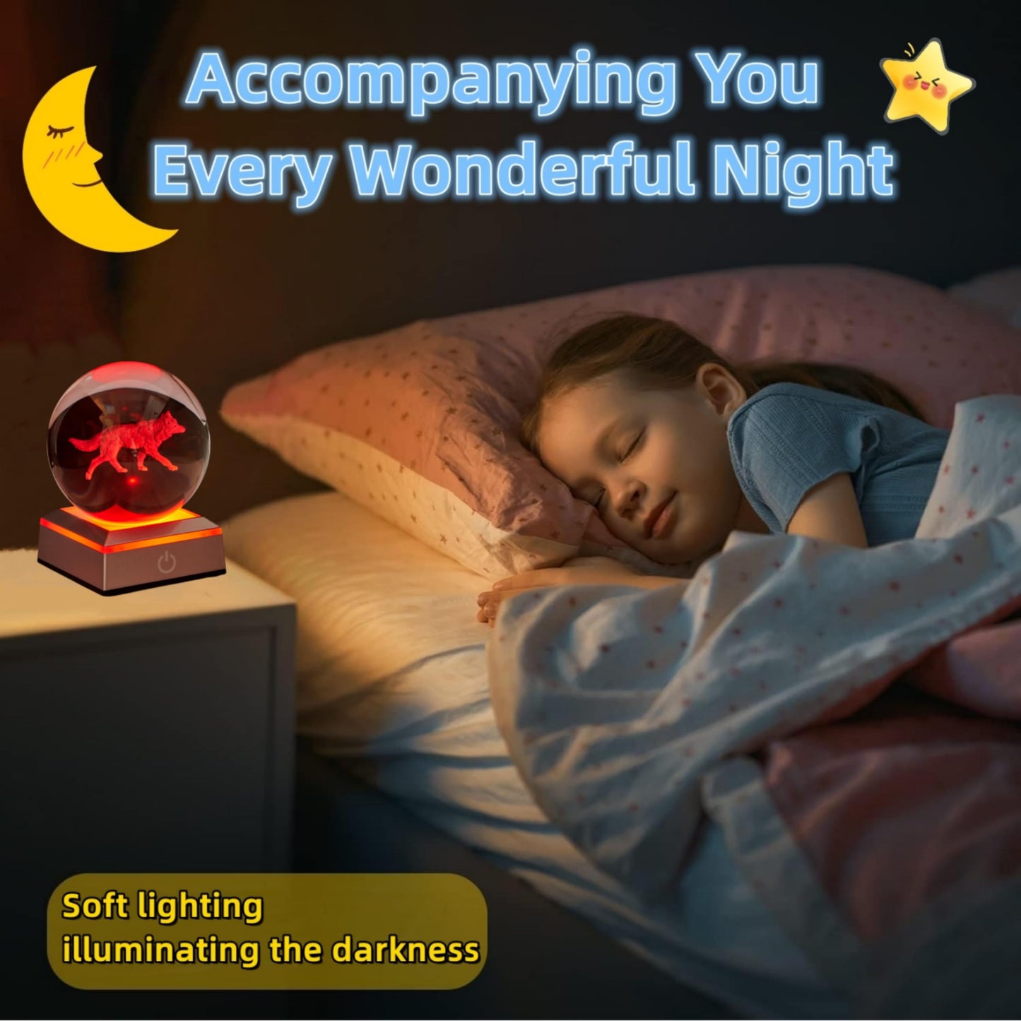 3D Crystal Ball Night Light with LED Base - 3.15 Inch Glass Ball Wolf Lamp, Perfect for Birthday, Holiday, Xmas Gifts for Boys, Girls, Friends