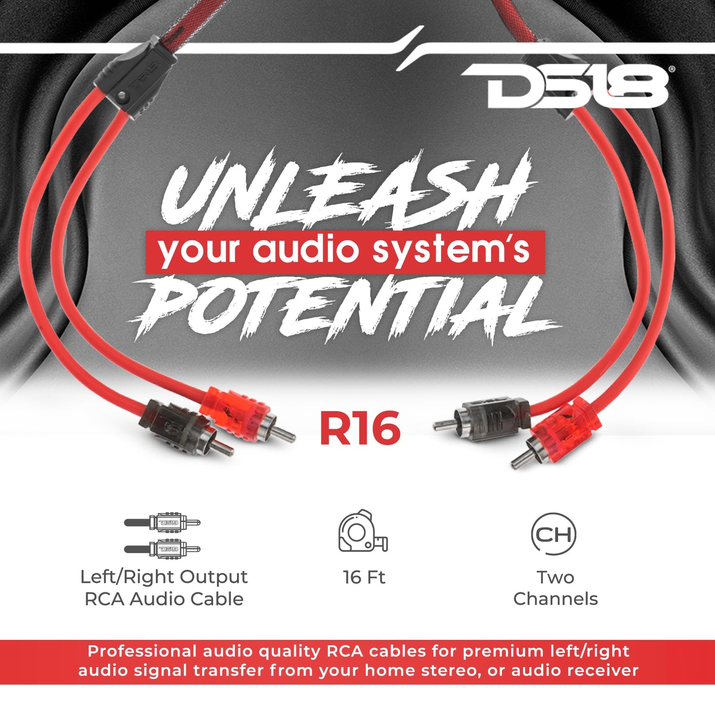 DS18 R16 RCA Cable Ultra Flex 16 Feet - 2-Male to 2-Male Stereo Audio Cables, 2RCA Male to 2RCA Male Stereo Cable for Home Theater, HDTV, Amplifiers