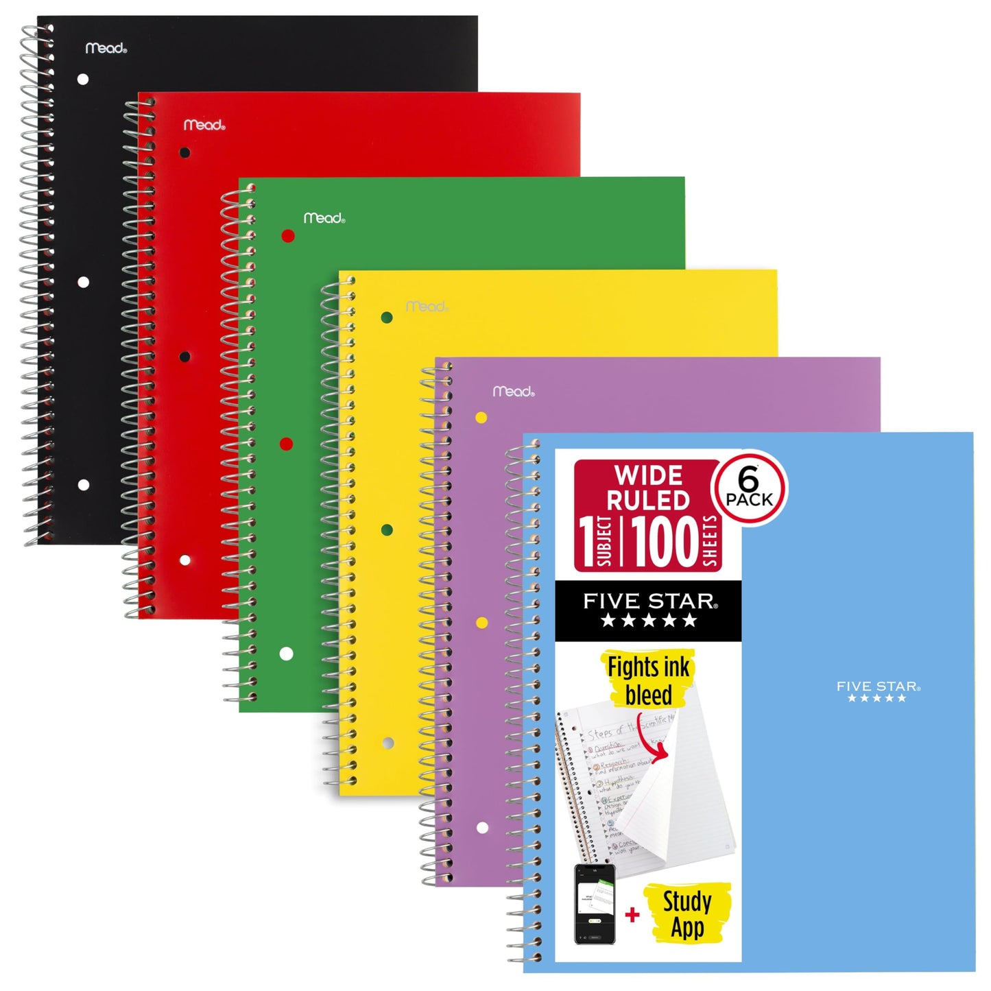 Five Star Spiral Notebook + Study App, 6 Pack, 1 Subject, Wide Ruled 8" x 10.5" Paper, 100 Sheets, Fights Ink Bleed, Water Resistant Cover, Assorted