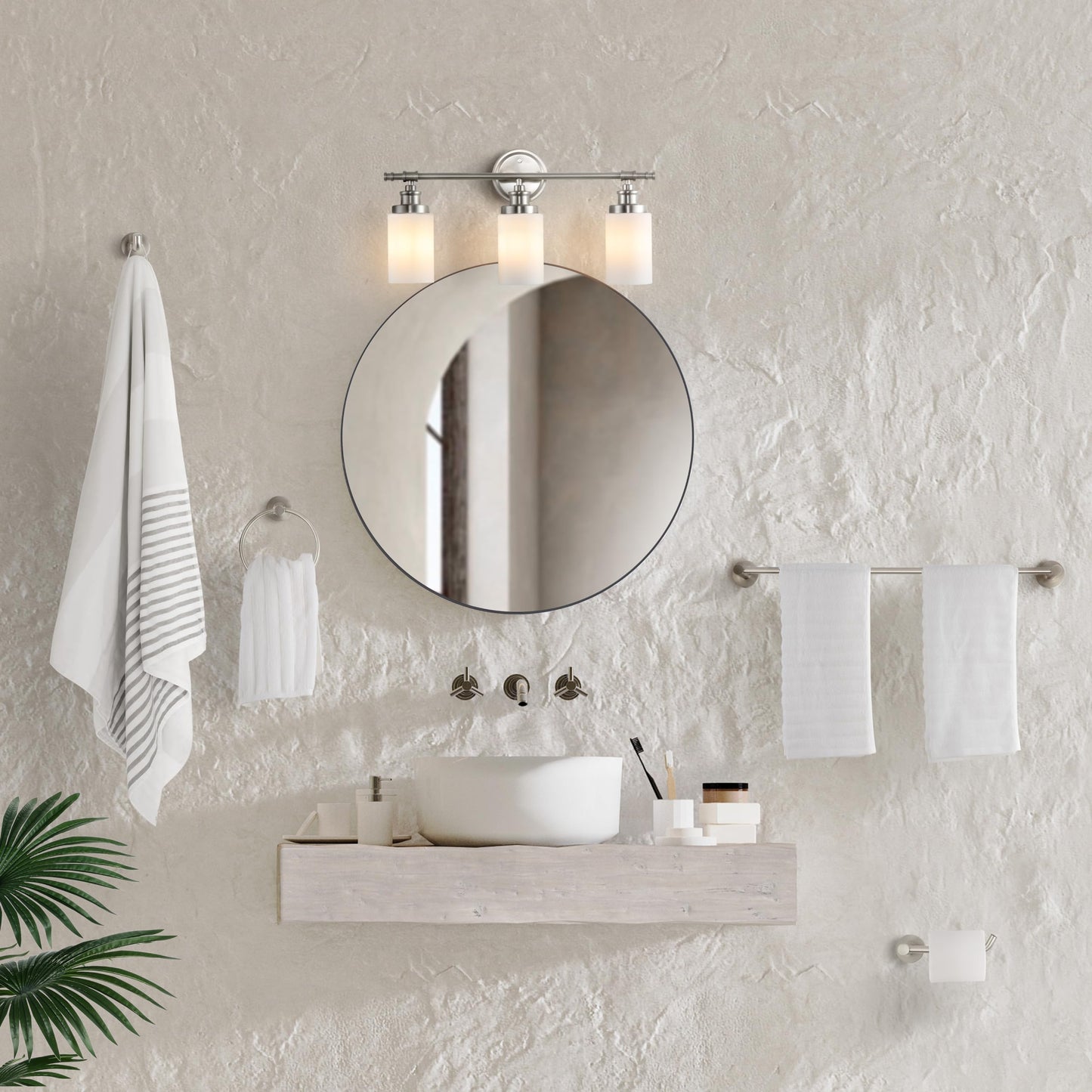 JONATHAN Y JYL1503C Egan 23.25" 3-Light Classic Cottage Vanity Light with Frosted Glass Shades and Bathroom Accessory Set, Brushed Nickel (5-Piece)