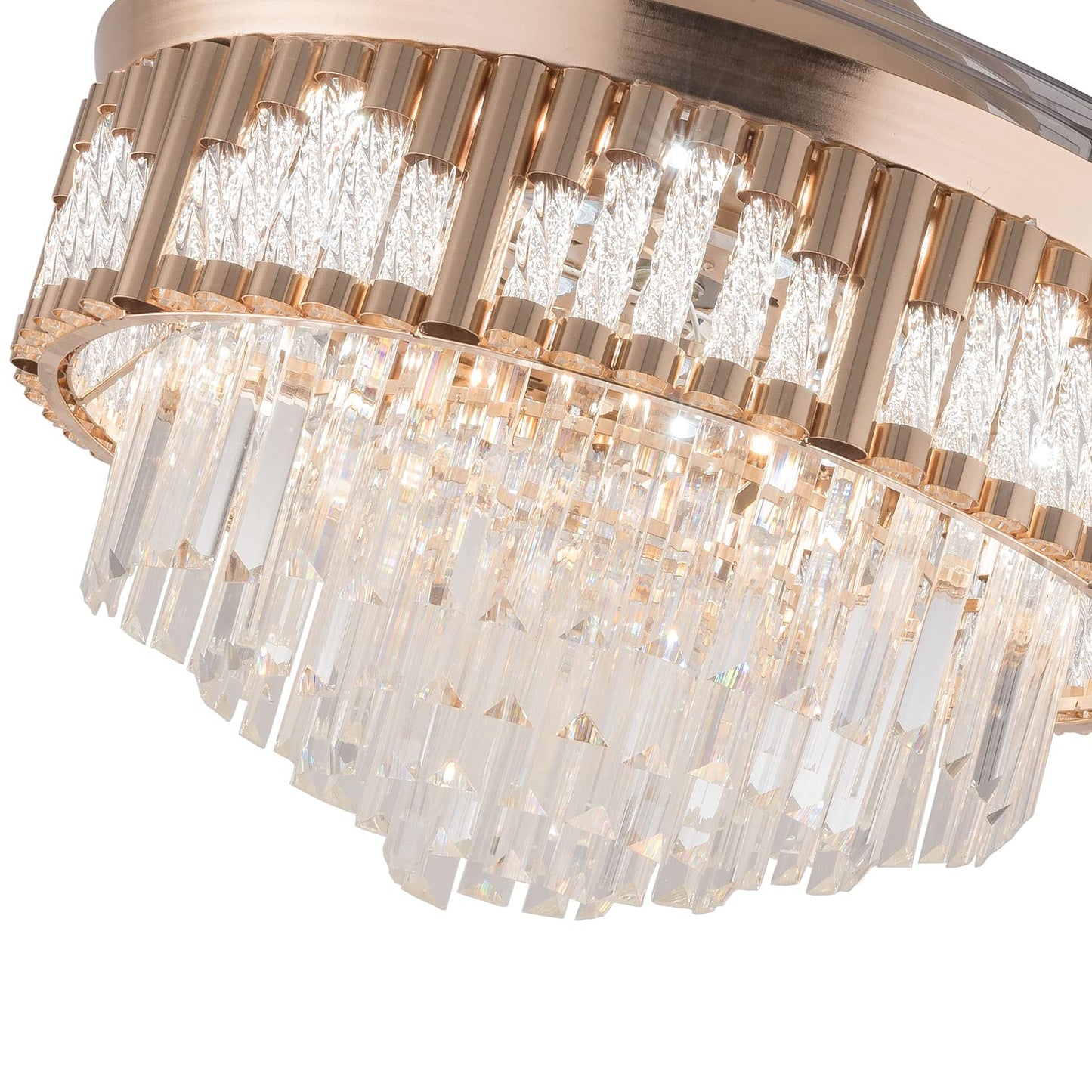 OUKANING Fandelier Crystal Retractable Ceiling Fans Light and Remote Invisible LED Crystal Chandelier Fanfor Living Room Dining Room Hall-Polished