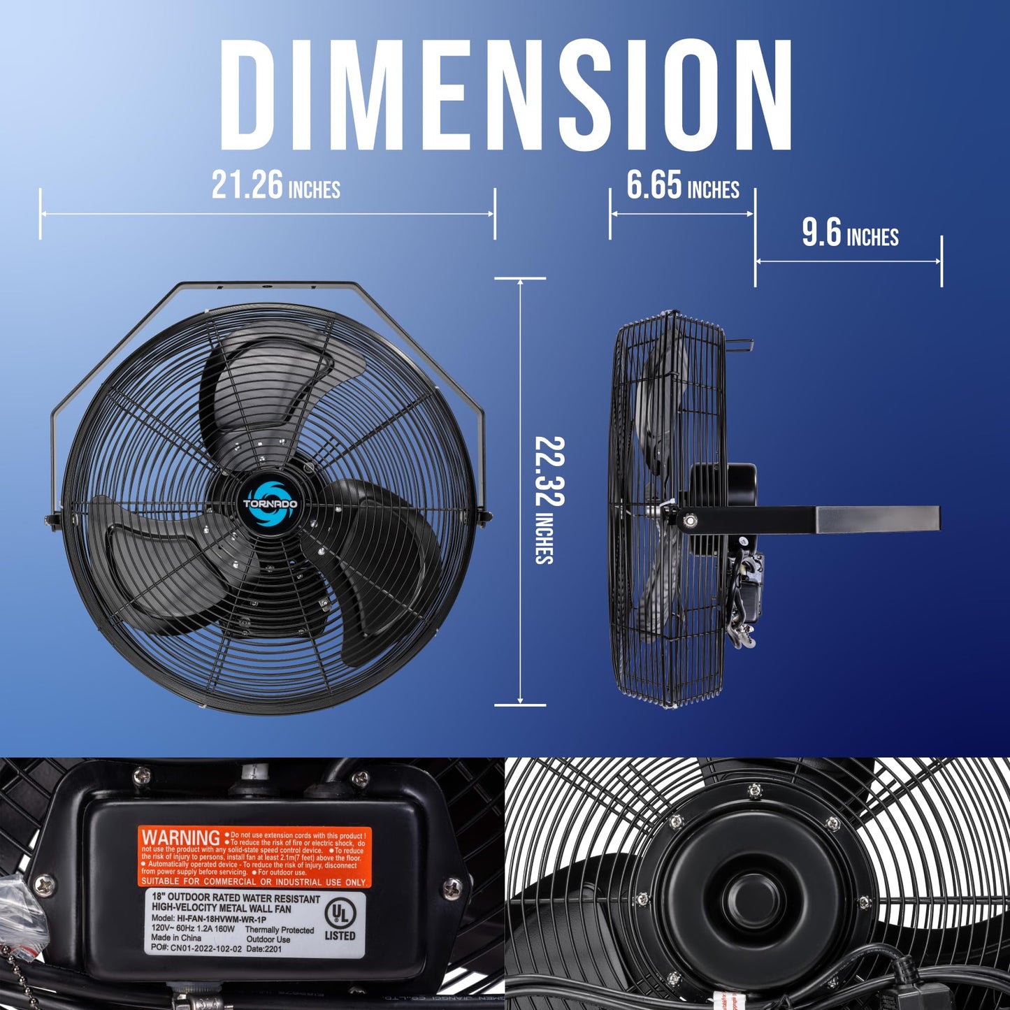 Tornado 18 Inch Outdoor IPX4 Water-Resistant Wall Mounted Fan, 3 Speed High Velocity Metal Industrial Wall Fan For Commercial, Residential