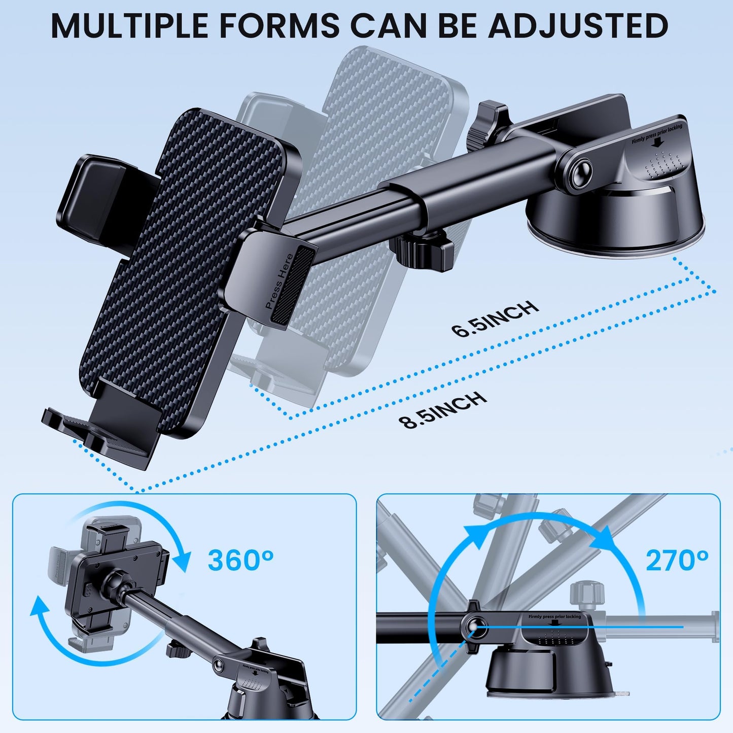 GUWEZ Phone Holders for Your Car [Military Grade Suction Ultra Strong Base] Cell Phone Car Holder 3 in 1 Dashboard/Windshield/Air Vent Hands-Free