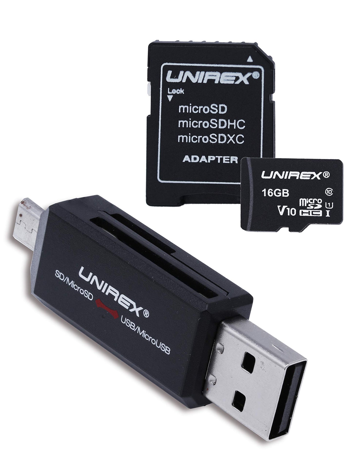 Unirex MSW-165S MicroSD Card with Full Sized Adapter and MicroSD/SD reader to Micro USB/USB, Works With Any Product with MicroSD or SD Card Slot