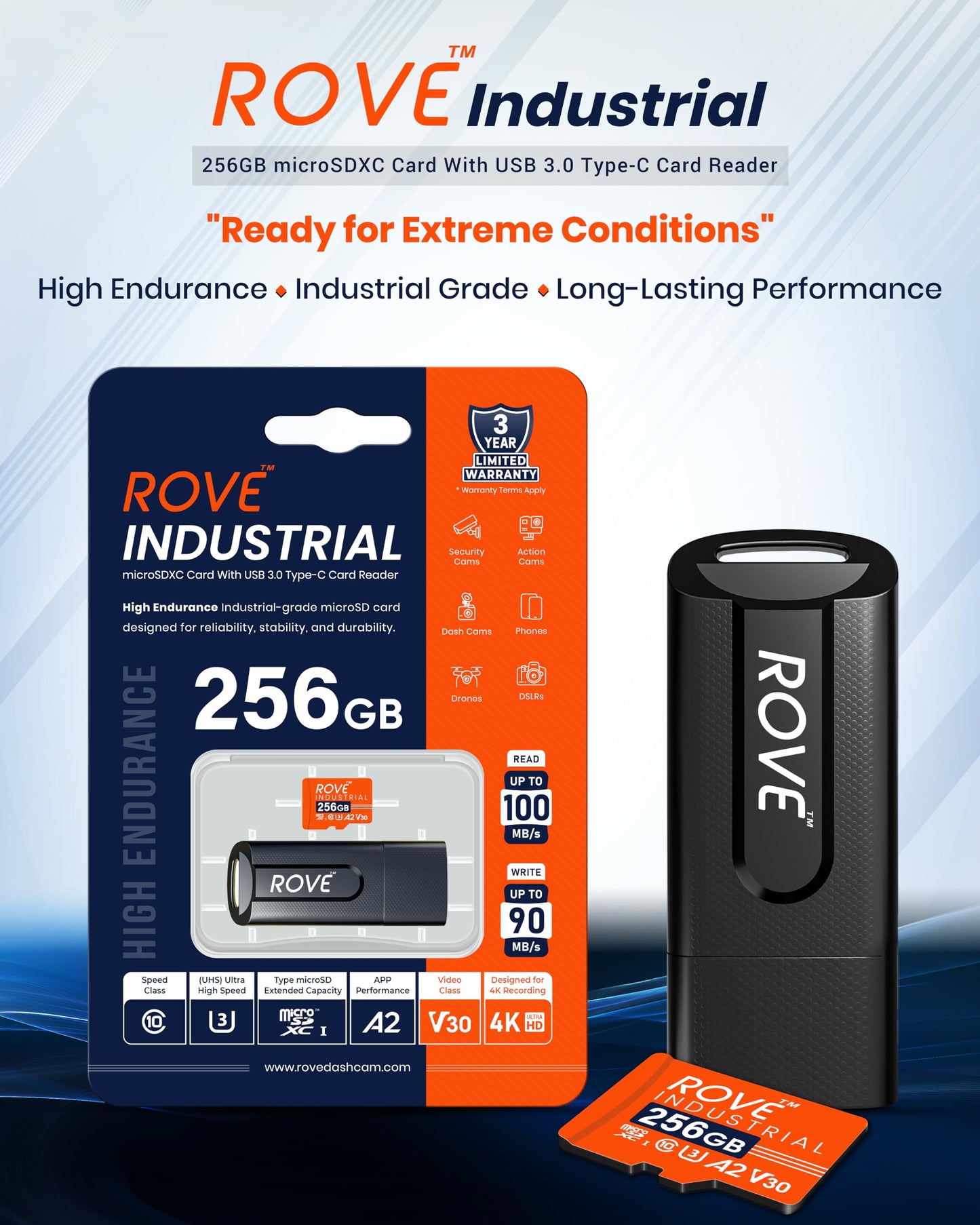 ROVE Industrial 256GB Micro SD Card with USB 3.0 Type C Card Reader, High Endurance microSDXC Memory Card 100MB/s Read Speed, C10, U3, V30, 4K, A2