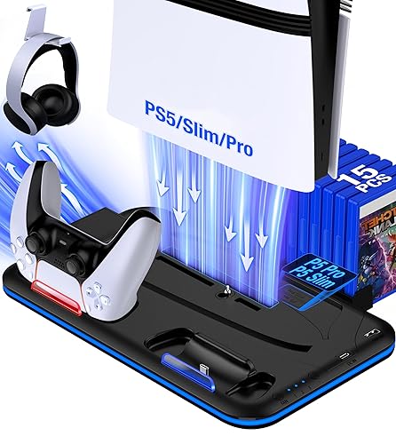 EUROA PS5/Slim/Pro Stand and Cooling Station with Controller Charging Station for PlayStation 5 Slim/Pro Console, PS5 Controller Charger, Cooling
