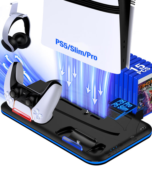 EUROA PS5/Slim/Pro Stand and Cooling Station with Controller Charging Station for PlayStation 5 Slim/Pro Console, PS5 Controller Charger, Cooling
