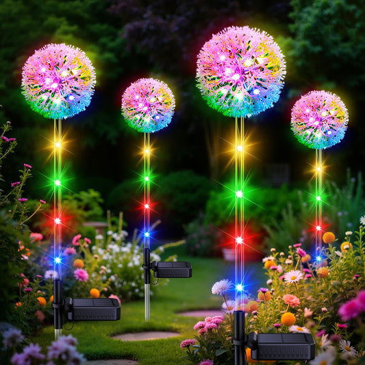 BONLION Solar Garden Lights Outdoor Decor: 4 Pack Dandelion Solar Flower Lights, 2 Modes 16 LED Colored Solar Lights for Outside, Waterproof