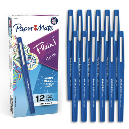 Paper Mate Flair Felt Tip Pens, Medium Point (0.7mm), Blue, 12 Count - Teacher Supplies, Arts & Crafts, Back to School