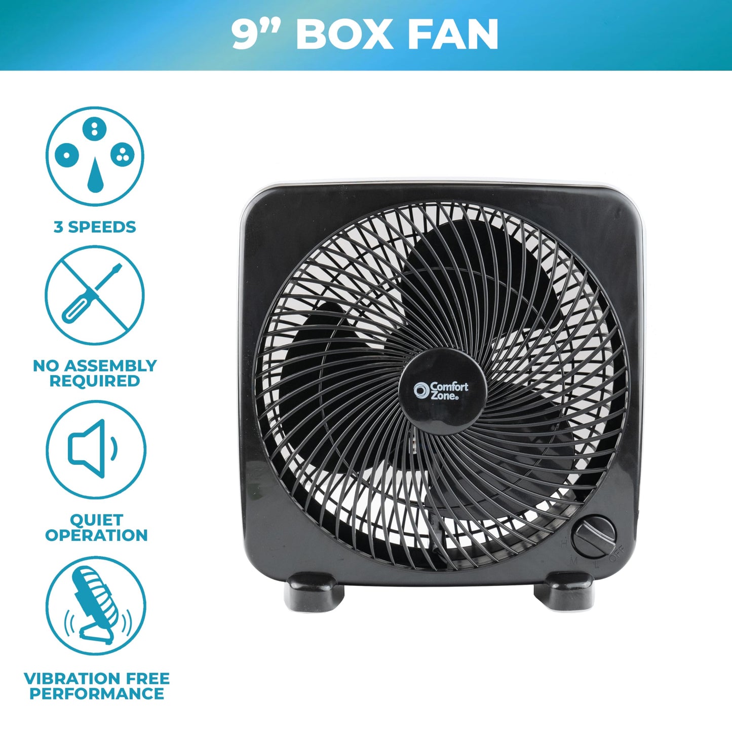 Comfort Zone 9-inch Portable Box Fan, Black